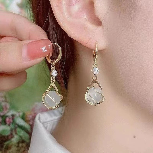 Elegant Gold-Plated Teardrop Dangle Earrings with Cubic Zirconia & White Stone